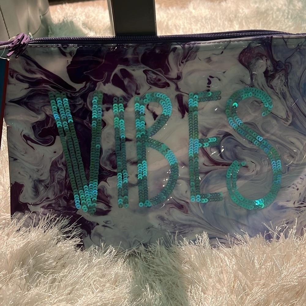 Bikini Bag VIBES Water Resistant Beach Case Sequins Purple Swirls 12" x 8 1/2"